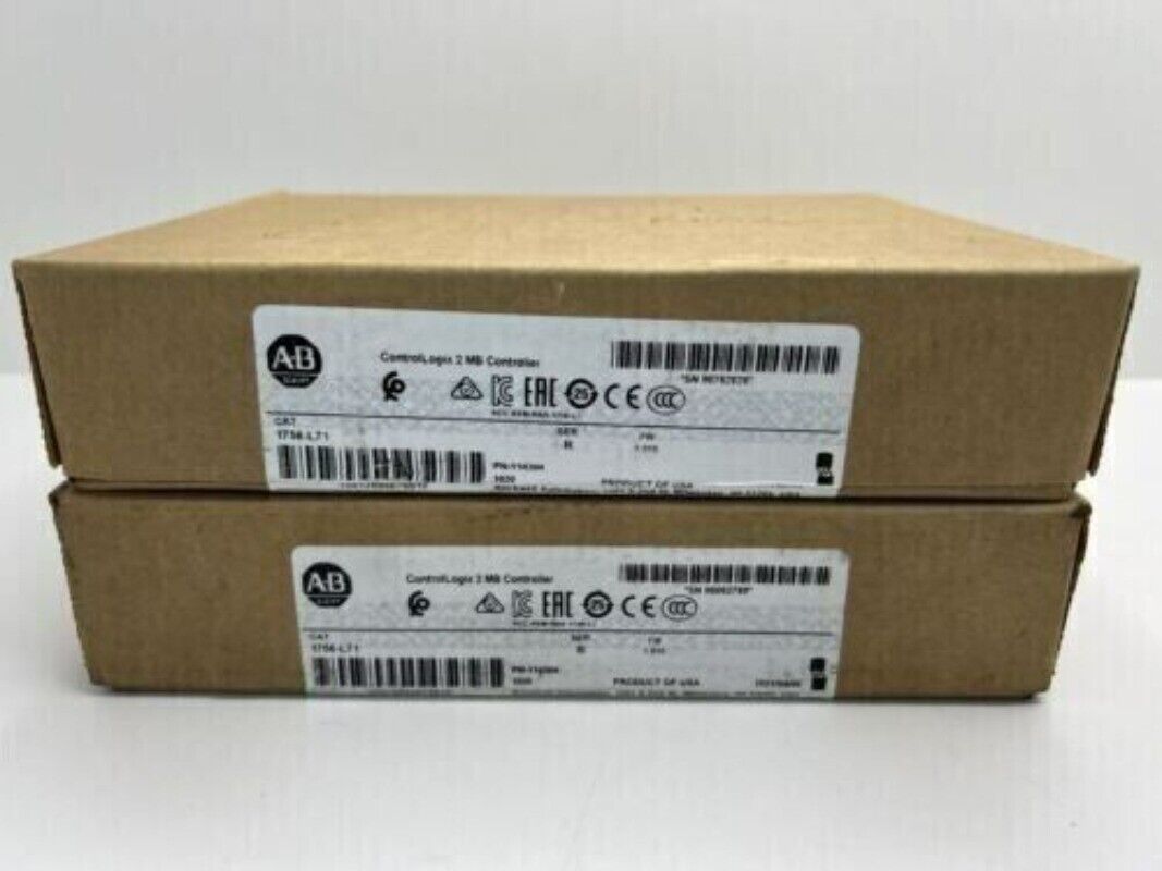 Allen-Bradley 1756-L71 ControlLogix PLC Controller boxes. New in box, brown packaging. Industrial automation.
