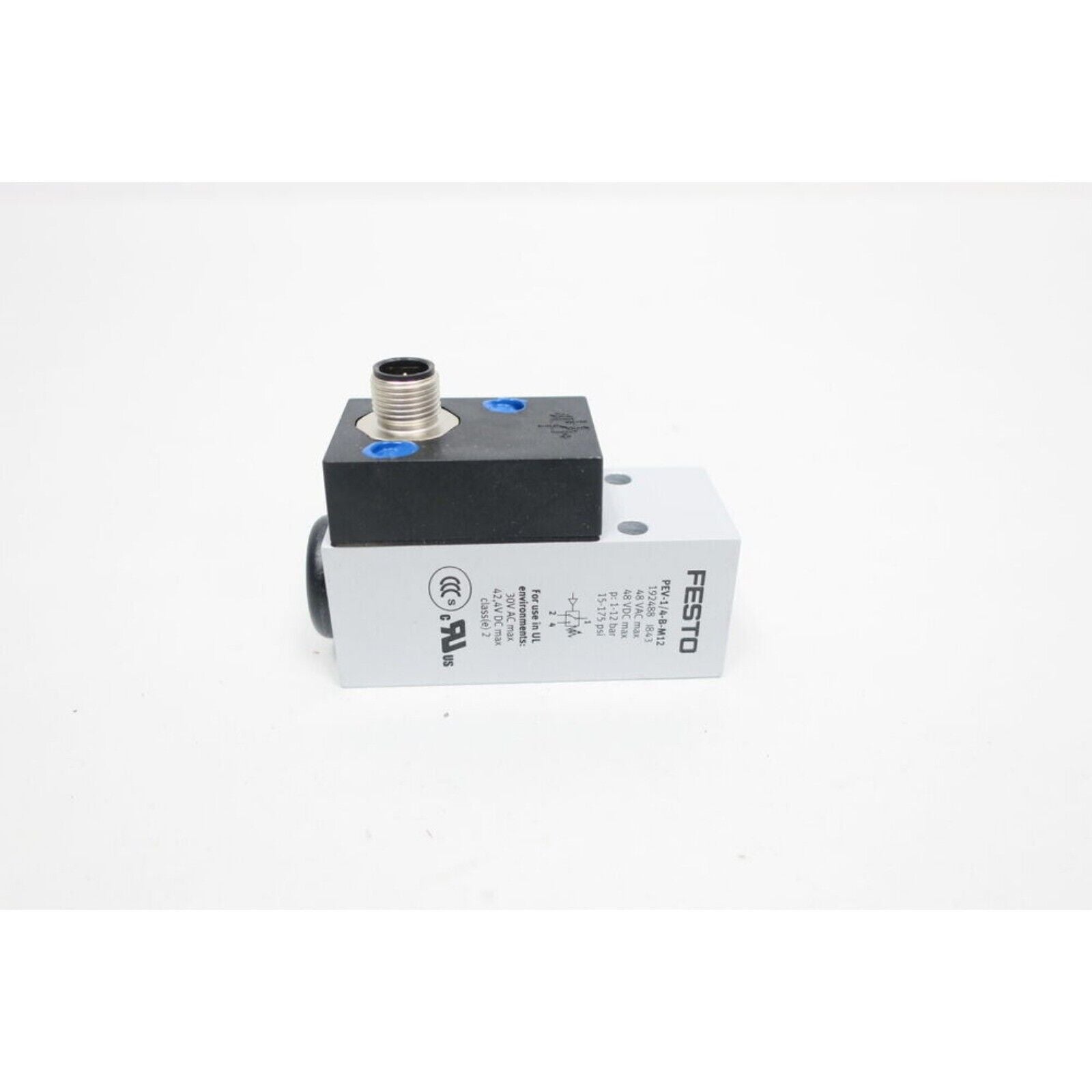 Festo PEV-1/4-B-M12 pressure switch, industrial automation component, 48VAC/VDC, 1-12 bar.