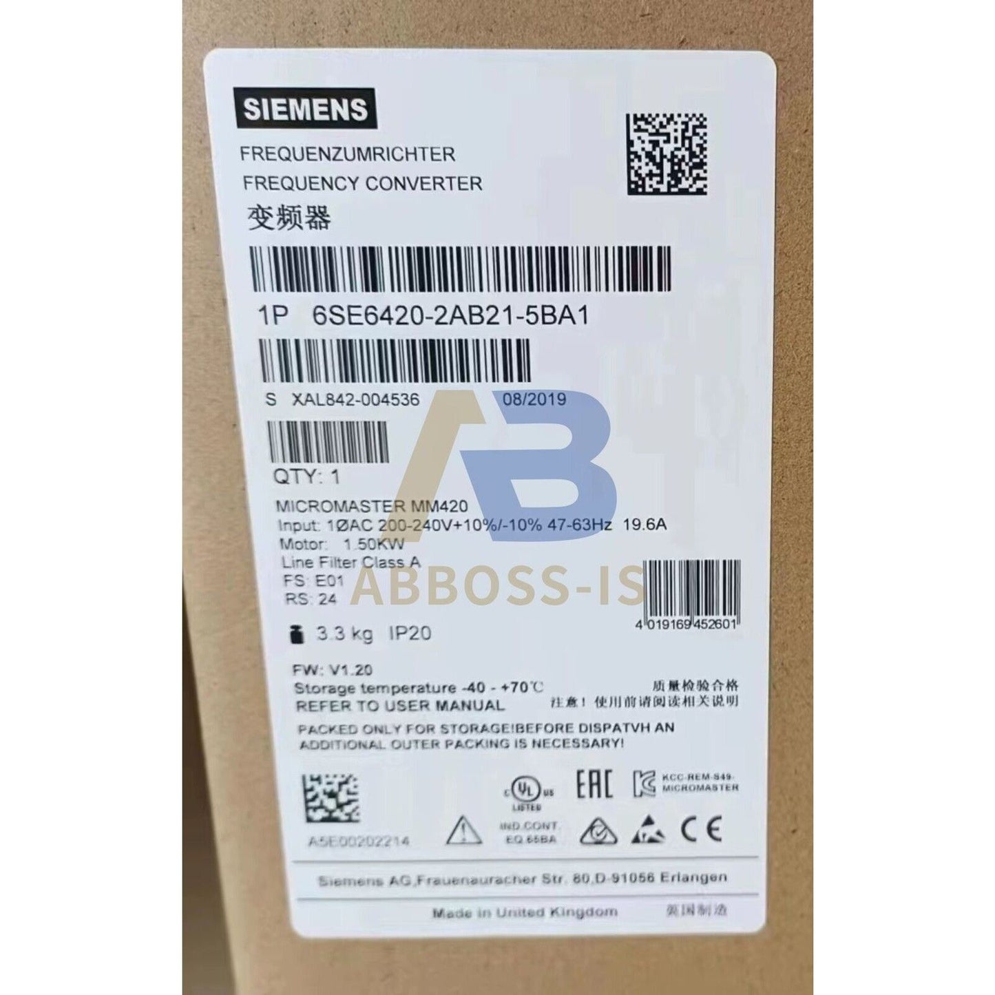 Siemens MICROMASTER 420 frequency converter, model 6SE6420-2AB21-5BA1, industrial automation part, 1.50KW, IP20.