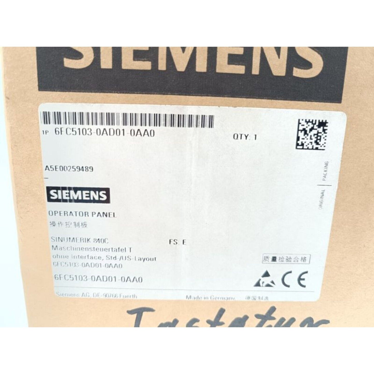 Siemens 6FC5103-0AD01-0AA0 operator panel label, industrial automation part, Made in Germany, CE certified