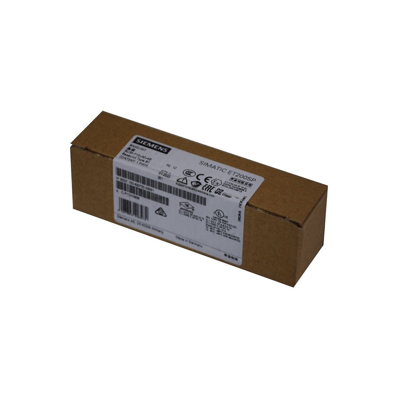 Siemens SIMATIC ET 200SP BaseUnit packaging, industrial automation component, Made in Germany