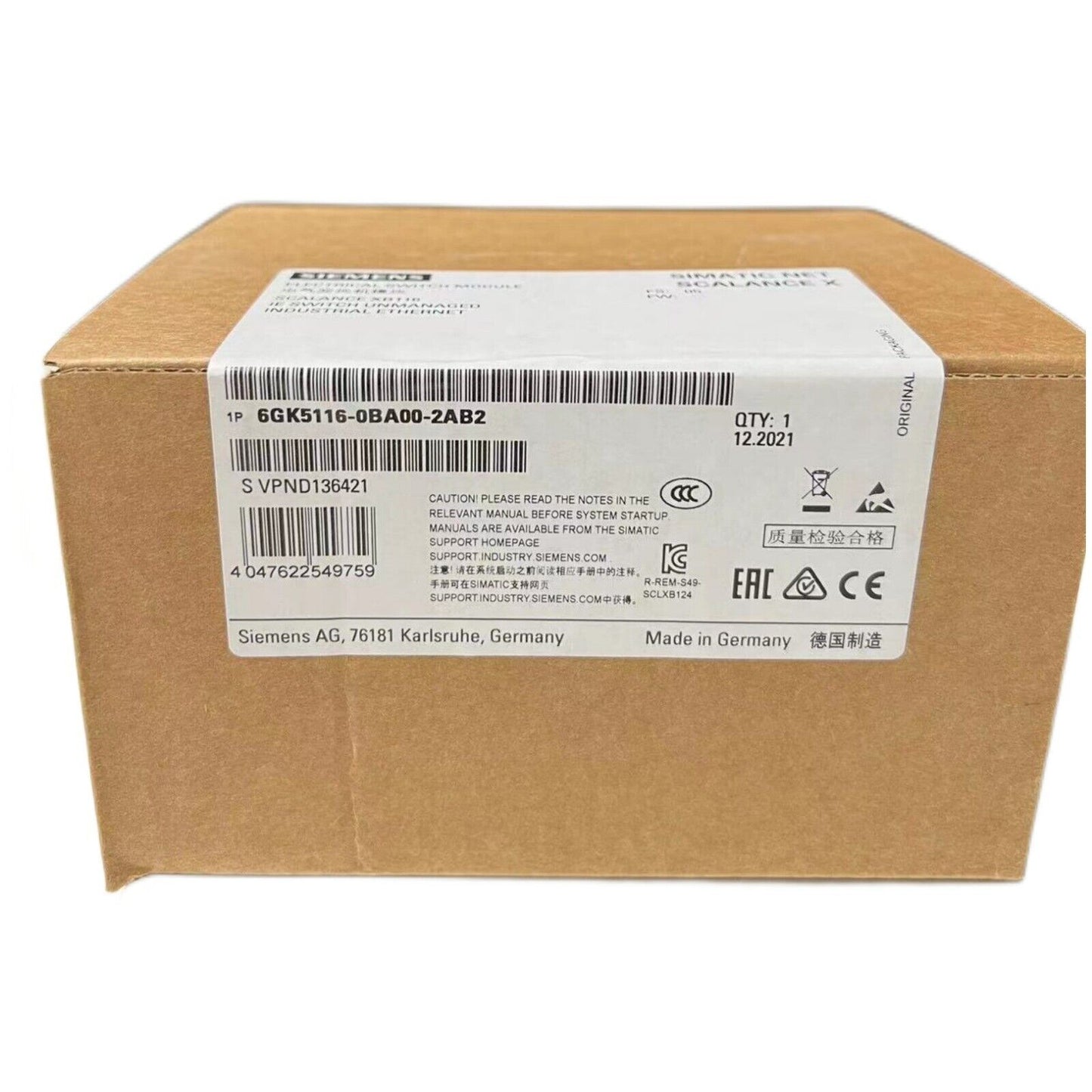 Siemens XC116 IE switch in box, 6GK5116-0BA00-2AB2, industrial automation part, Made in Germany.