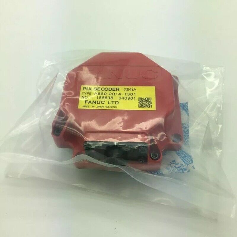 FANUC A860-2014-T301 PulseCoder, red industrial automation part with label details.