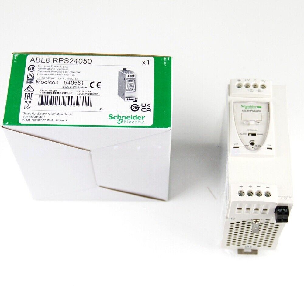 Schneider Electric ABL8RPS24050 24V 5A Power Supply. Industrial automation power supply with DIN rail mounting.