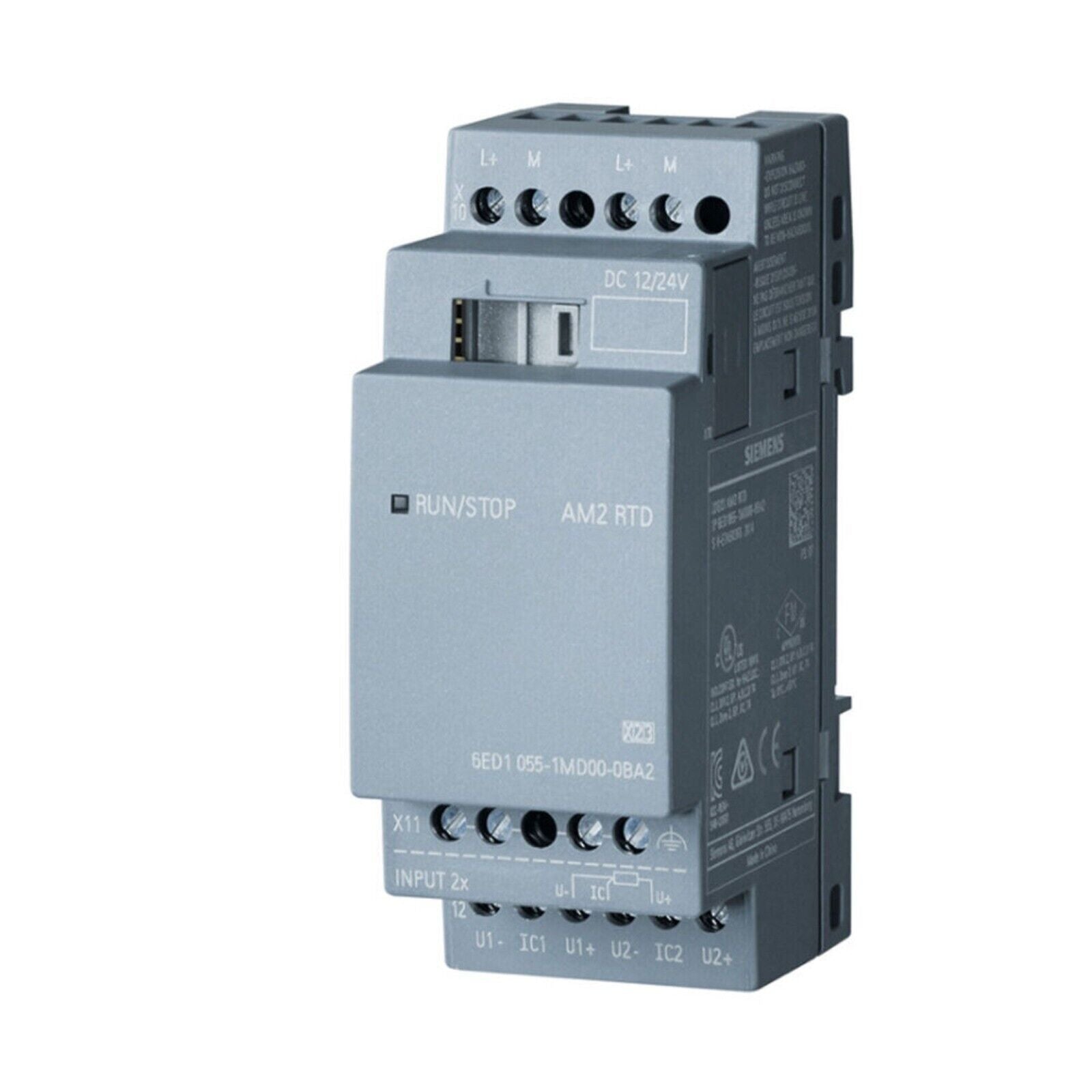 Siemens LOGO! AM2 RTD expansion module 6ED1055-1MD00-0BA2, gray industrial automation part. Featuring RUN/STOP and DC 12/24V.