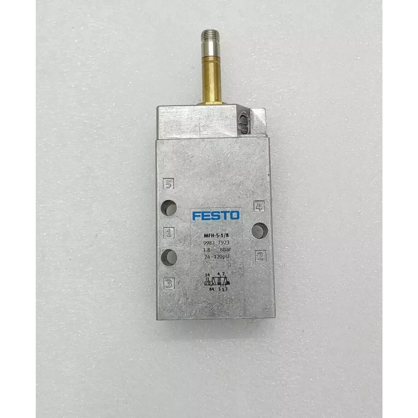 FESTO MFH-5-1/8 Solenoid Valve, pneumatic component, silver and gold color, industrial automation part, 24-120psi