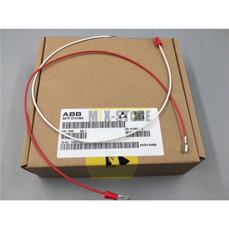 ABB 5STP 27H1800 PLC module components, red and white wires, in a cardboard box. Swiss made.