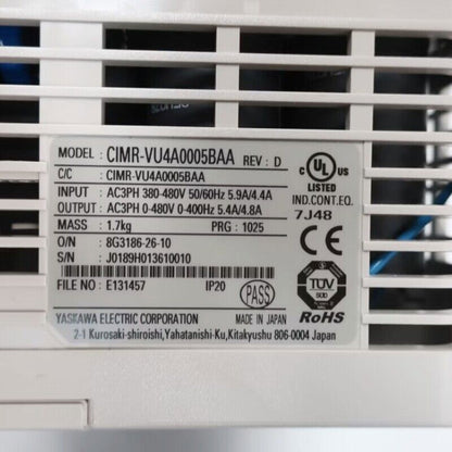 YASKAWA CIMR-VU4A0005BAA frequency inverter, industrial automation part, with specifications and certifications.