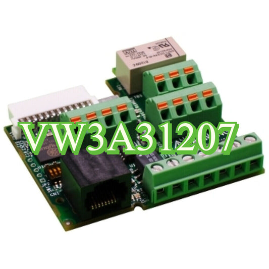 Schneider VW3A31207 relay module, green terminals, electronic components.