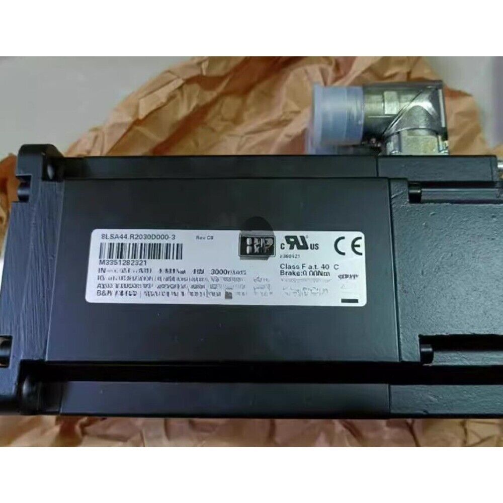B&R 8LSA44.R2030D000-3 servo motor, serial number M3351282321, black industrial automation part, CE certified.