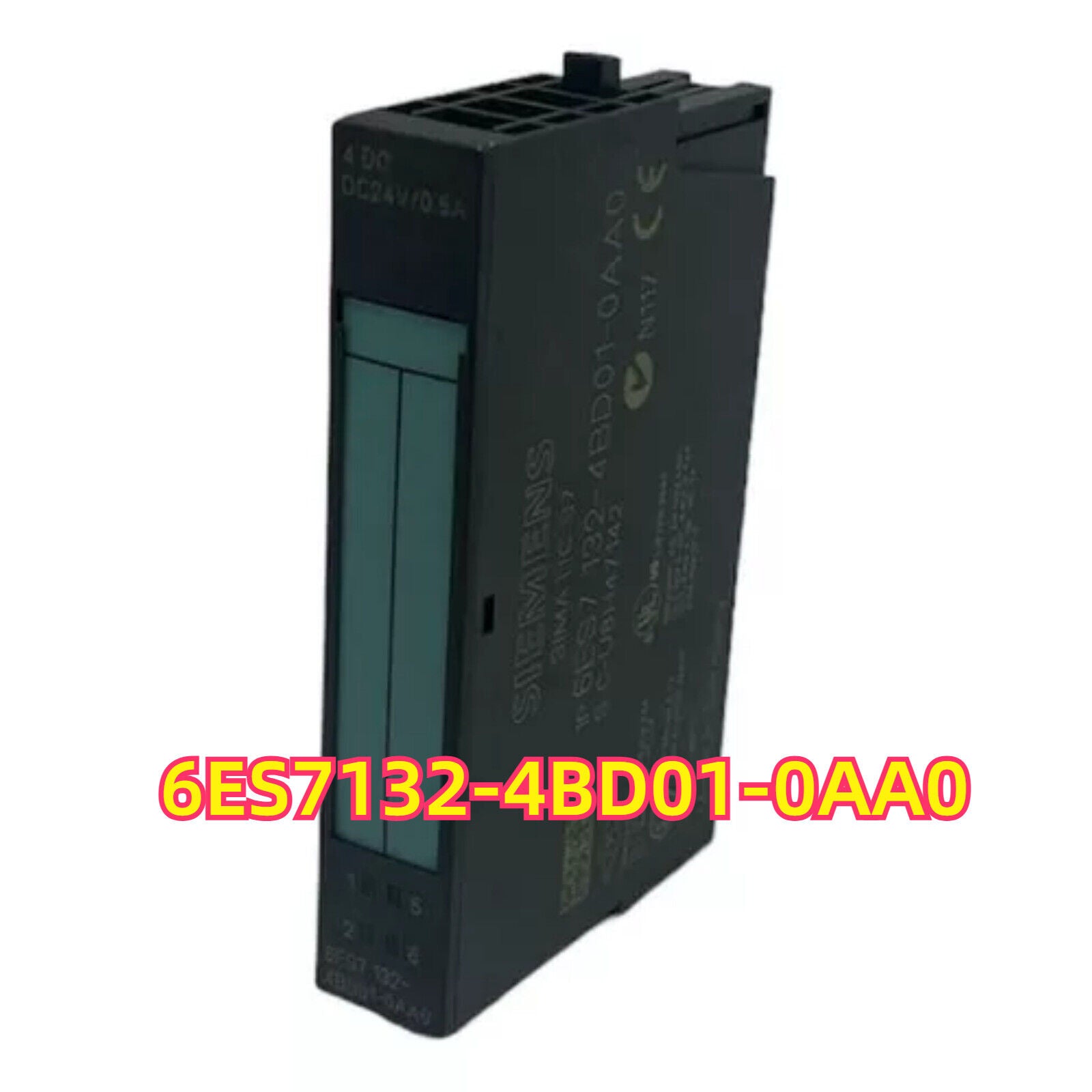 Siemens 6ES7 132-4BD01-0AA0 ET200S Electronic Module, black, labeled with product details, 4 DO DC24V/0.5A.