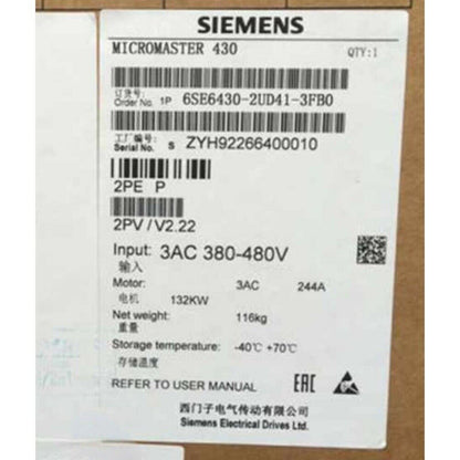 Siemens MICROMASTER 430 industrial automation part label with model 6SE6430-2UD41-3FB0, Input 3AC 380-480V.