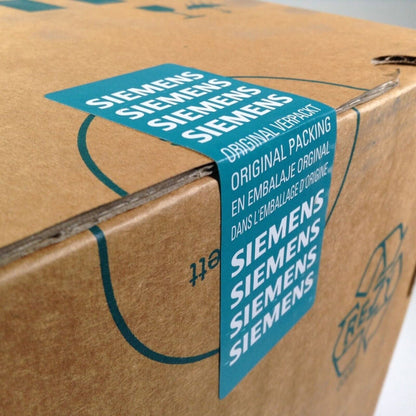 Siemens product box with blue label, original packing, for PLC modules and automation parts.