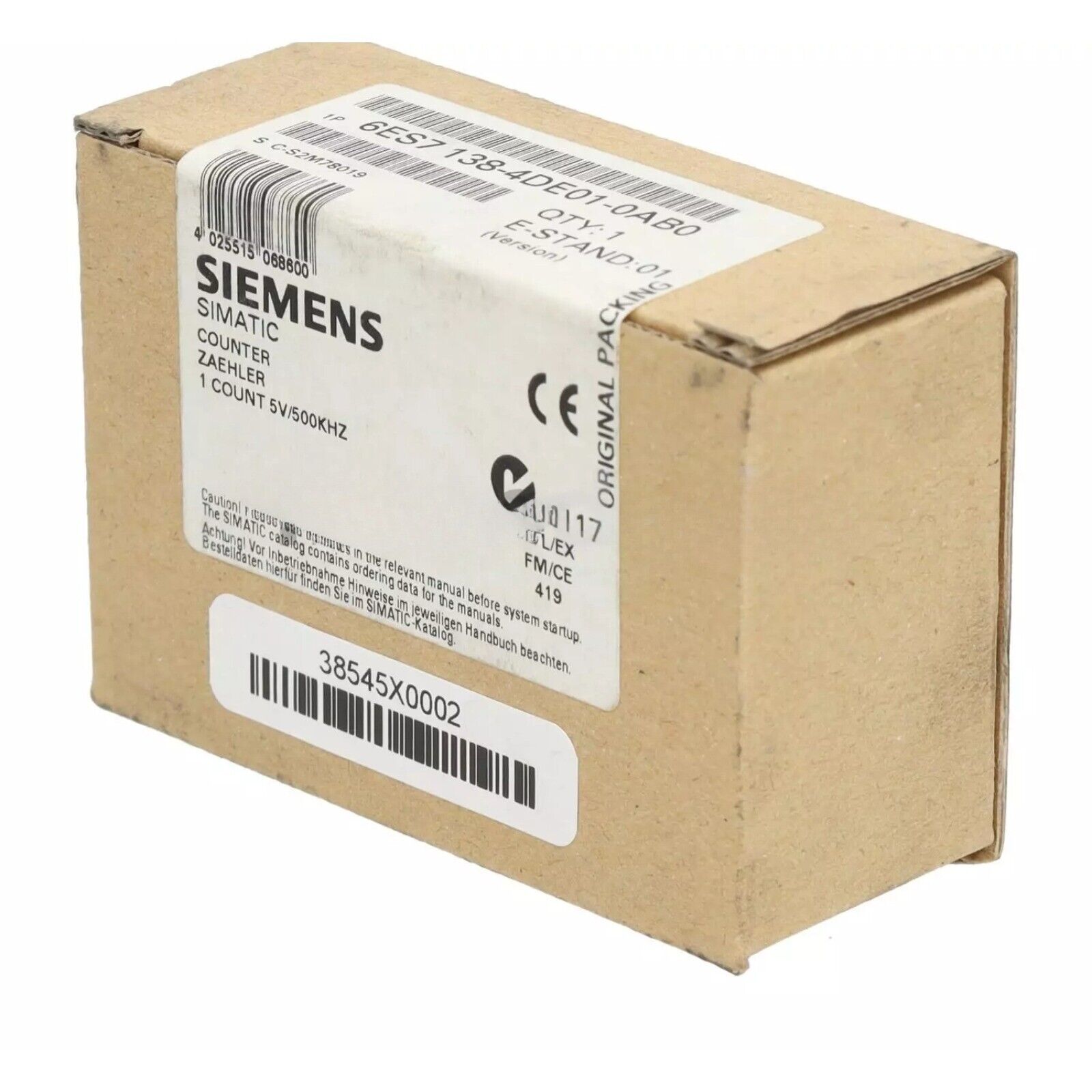 Siemens SIMATIC PLC Module 6ES7 138-4DE01-0AB0 Box. Industrial Automation Part, with product information label.
