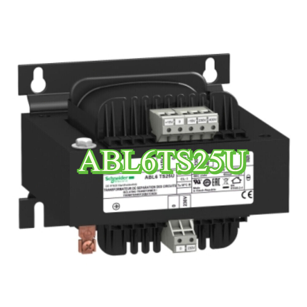 Schneider ABL6TS25U industrial power supply unit, black enclosure, voltage connectors, CE certified.