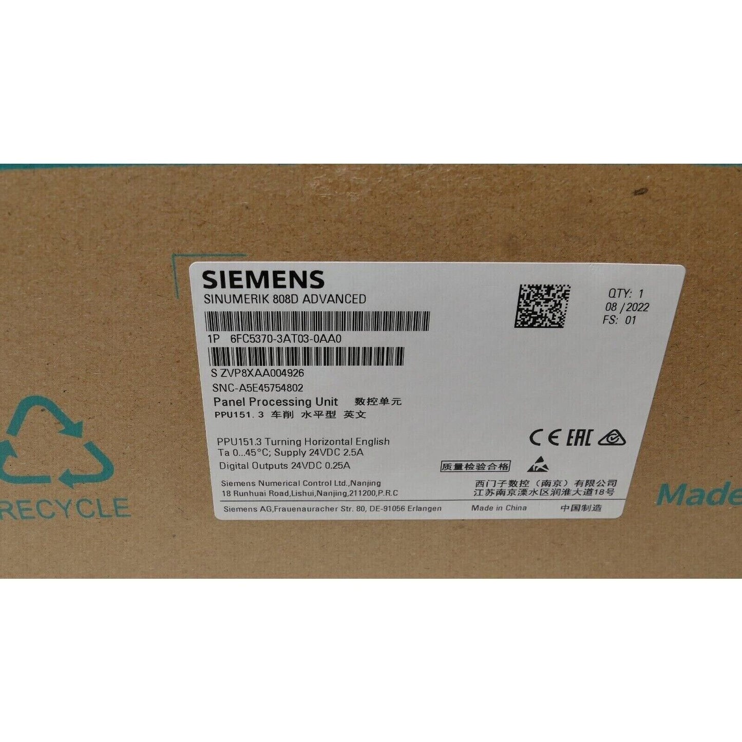 Siemens SINUMERIK 808D ADVANCED Panel Processor Unit 6FC5370-3AT03-0AA0, industrial automation control part, Made in China.