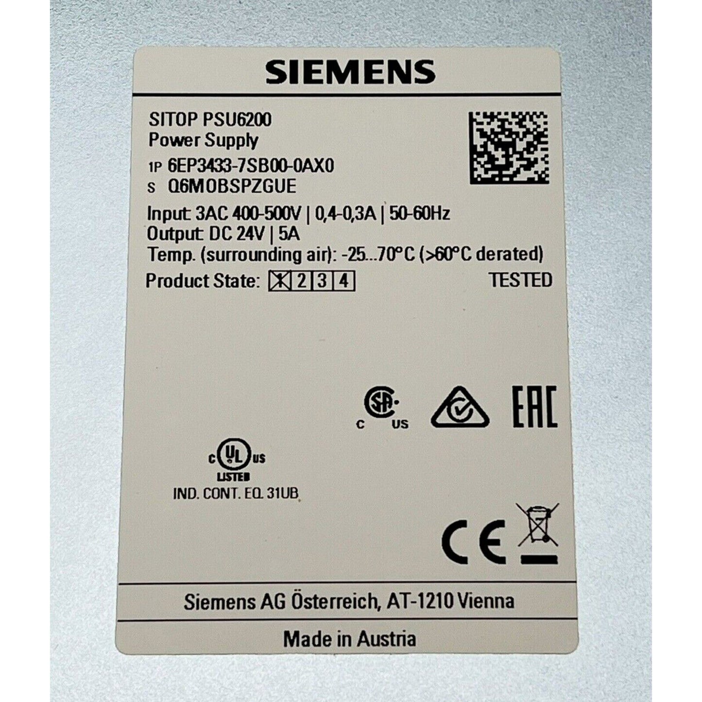 Siemens SITOP PSU6200 Power Supply label, industrial automation part, 6EP3433-7SB00-0AX0