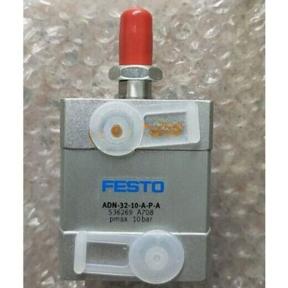 FESTO ADN-32-10-A-P-A 536269 Cylinder. Silver cylinder with red top and white components.