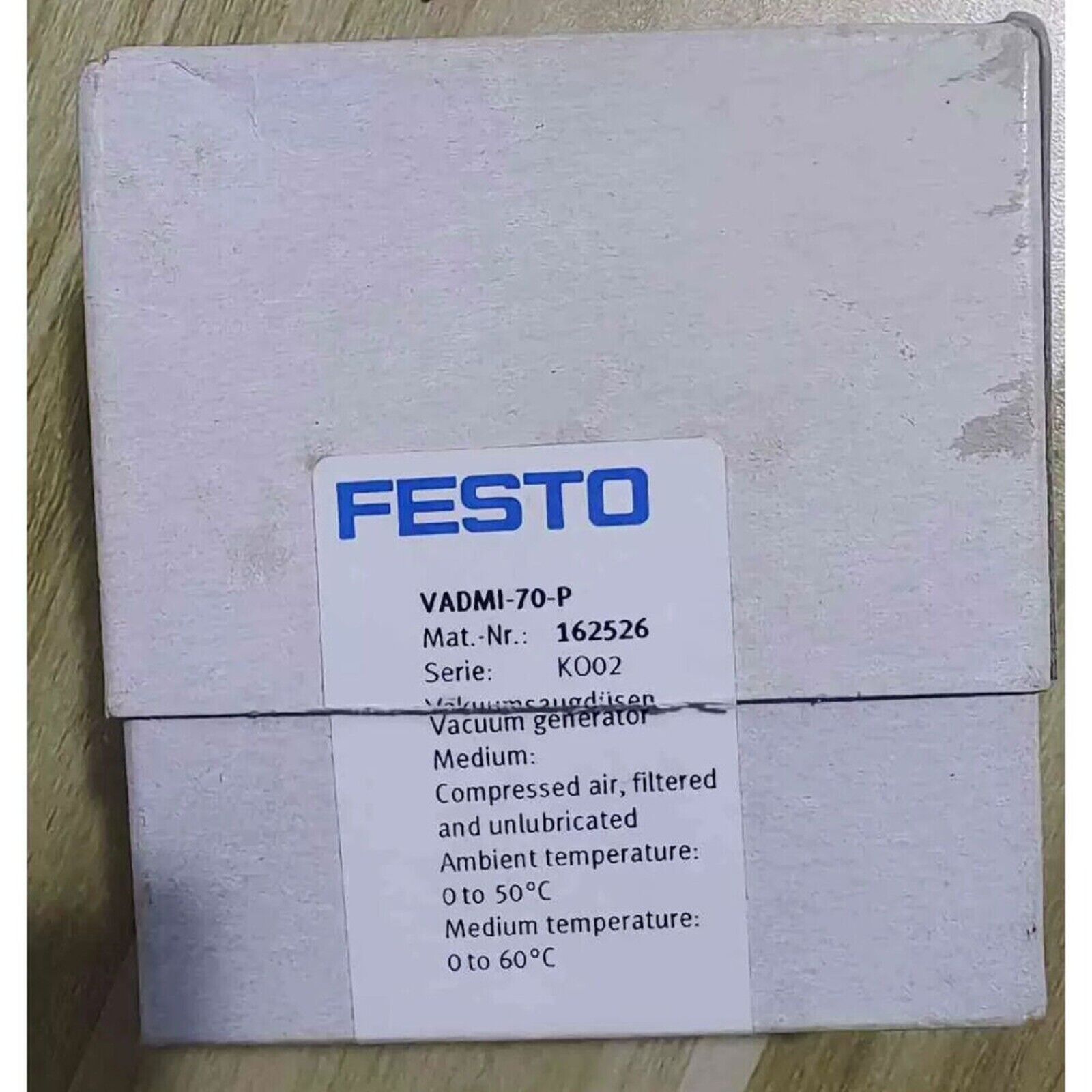 FESTO VADMI-70-P Vacuum Generator in box with product details label.