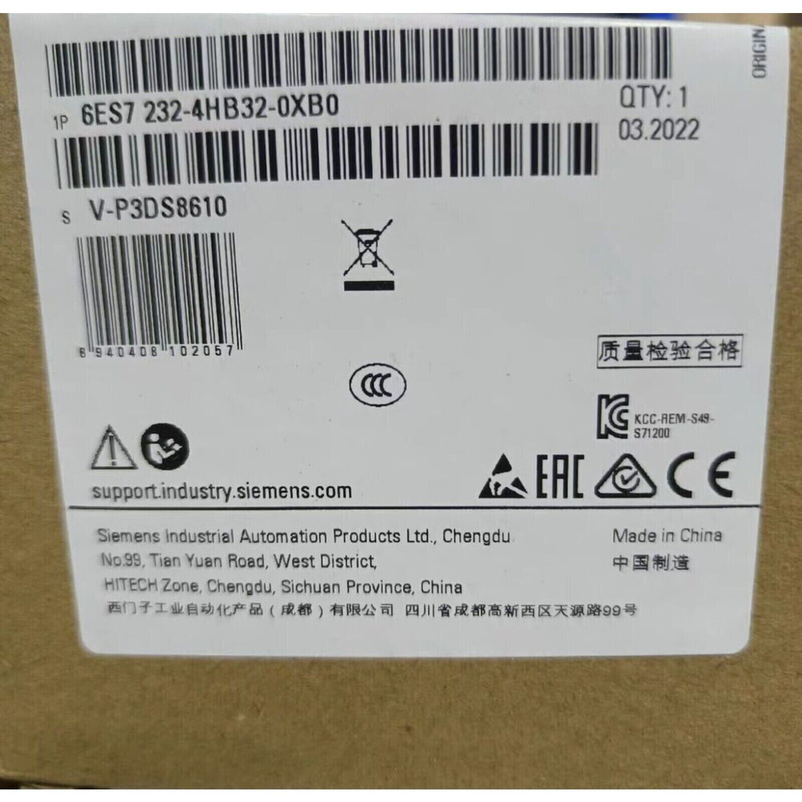Siemens S7-1200 6ES7232-4HB32-0XB0 Analog Output Module label, specs, Made in China