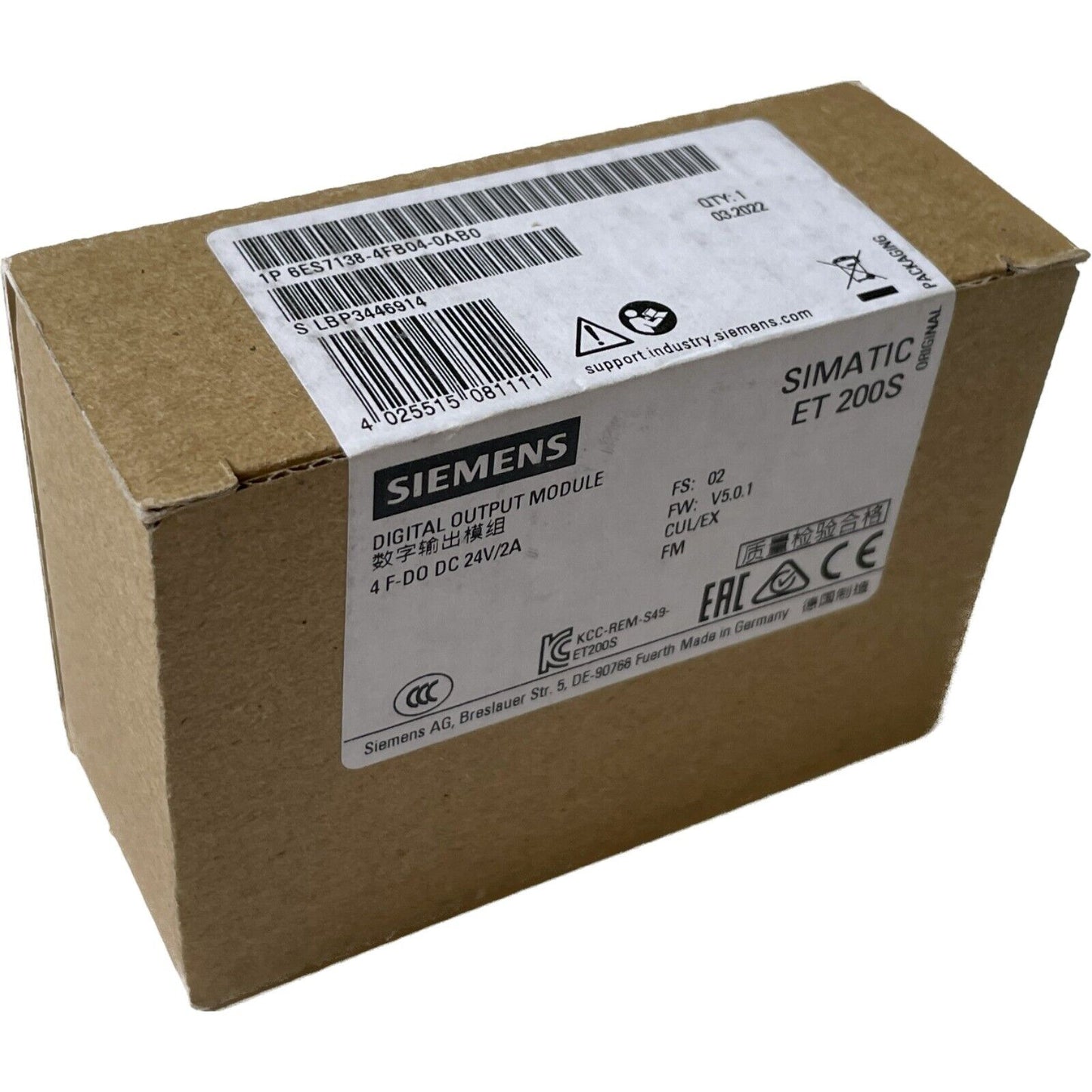 Siemens SIMATIC ET 200S digital output module box, 6ES7138-4FB04-0AB0, product packaging with labels and certifications.