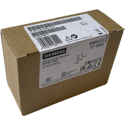 Siemens SIMATIC ET 200S digital output module box, 6ES7138-4FB04-0AB0, product packaging with labels and certifications.