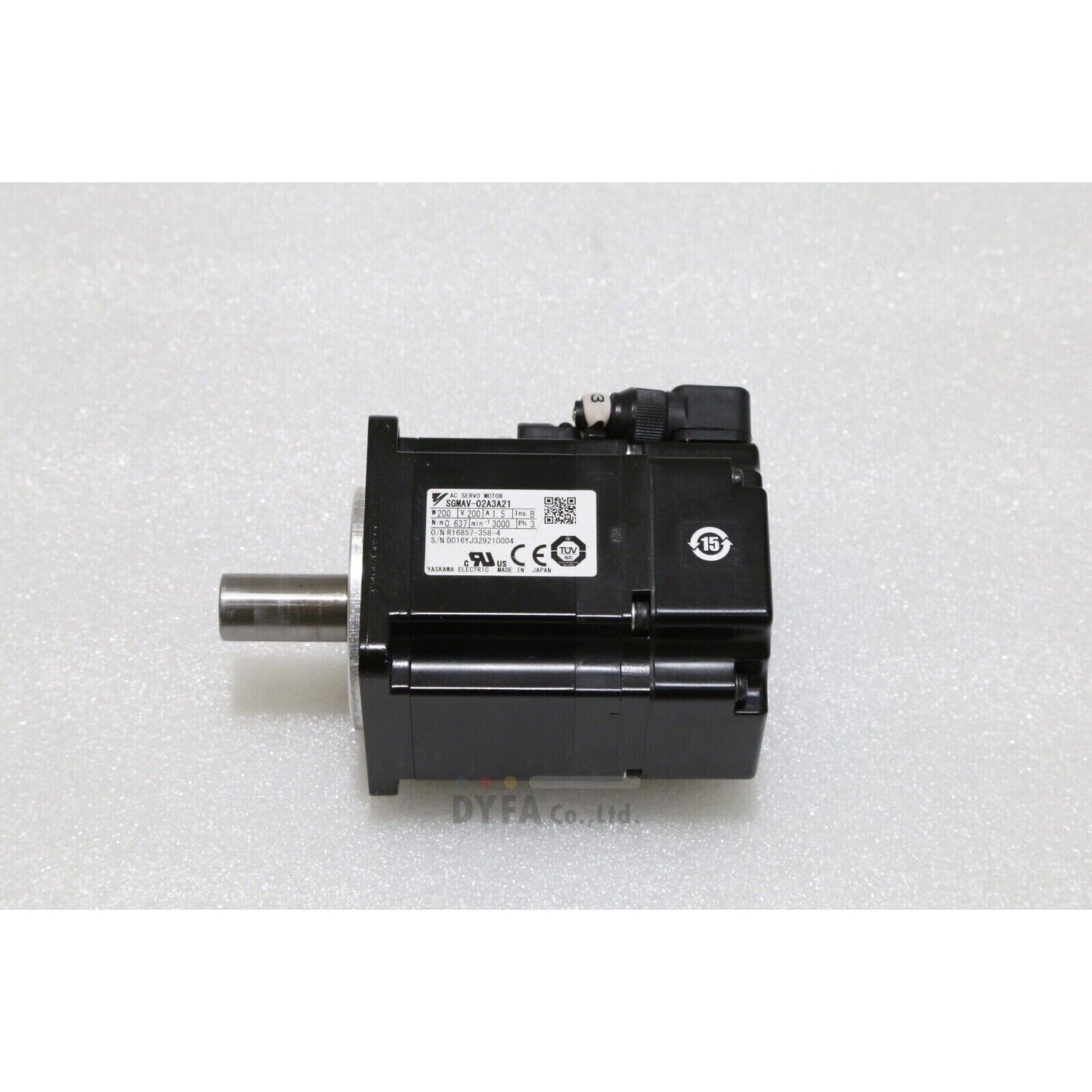 YASKAWA SGMAV-02A3A21 AC Servo Motor, black industrial component with product details, 200W 200V 1.5A, Japan made.