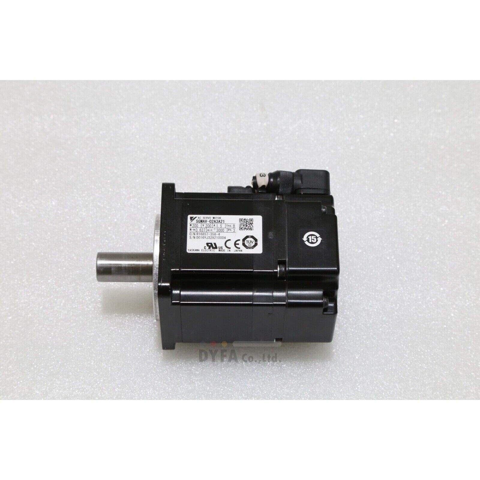 YASKAWA SGMAV-02A3A21 AC Servo Motor, black industrial component with product details, 200W 200V 1.5A, Japan made.