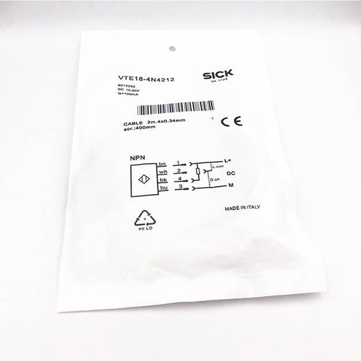 SICK VTE18-4N4212 Photoelectric Switch in packaging with wiring diagram, Made in Italy