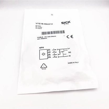 SICK VTE18-4N4212 Photoelectric Switch in packaging with wiring diagram, Made in Italy
