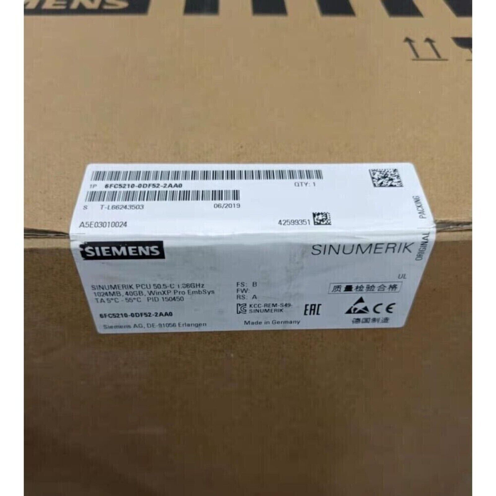 Siemens SINUMERIK PCU 50.5-C PLC module, model 6FC5210-0DF52-2AA0, industrial automation part