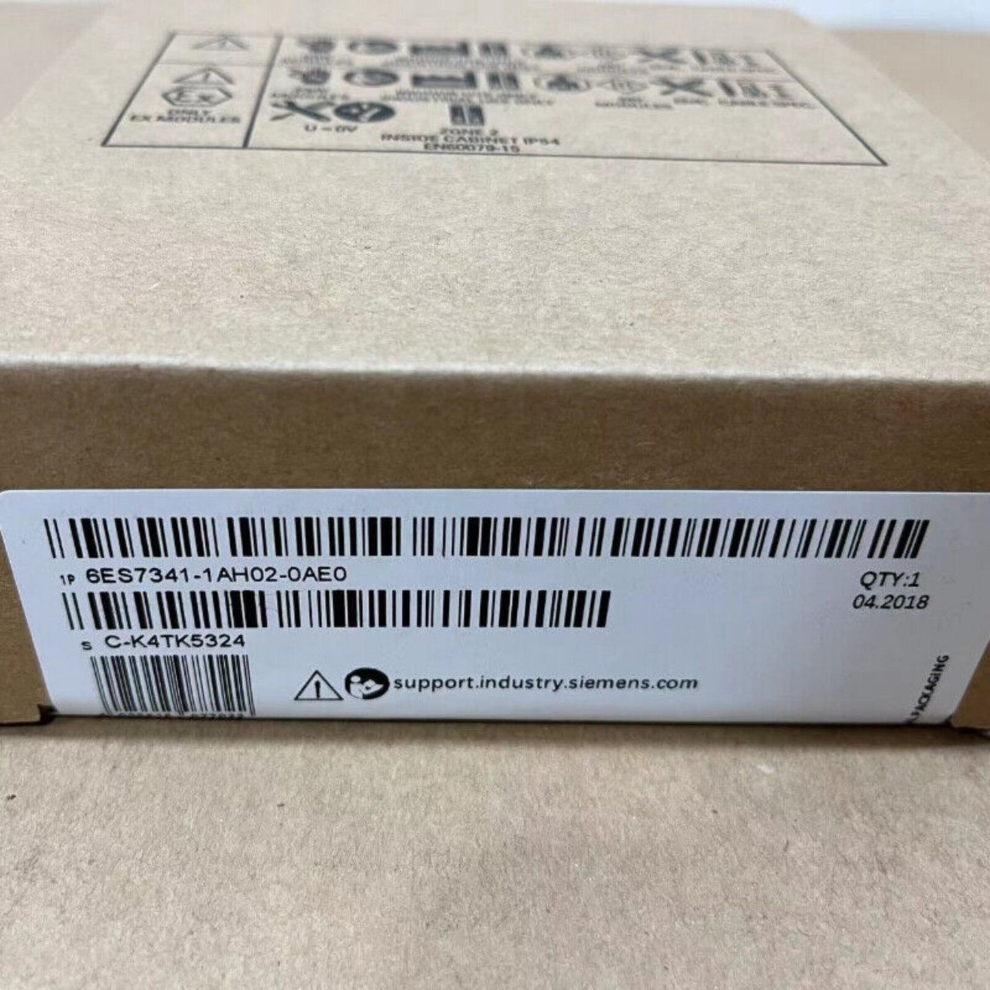 Siemens S7-300 CP 341 communication processor box label, 6ES7341-1AH02-0AE0, with barcodes and support info.