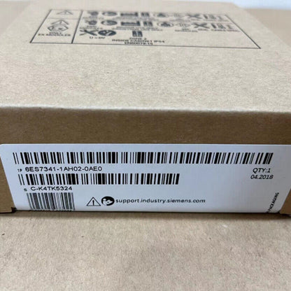 Siemens S7-300 CP 341 communication processor box label, 6ES7341-1AH02-0AE0, with barcodes and support info.