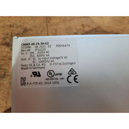 Festo CMMS-AS-C4-3A-G2 Motor Controller Label, Made in Germany