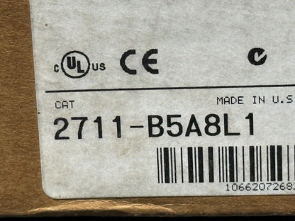 Allen-Bradley 2711-B5A8L1 PanelView 550 product label showing CAT, Made in U.S.A., and barcode.