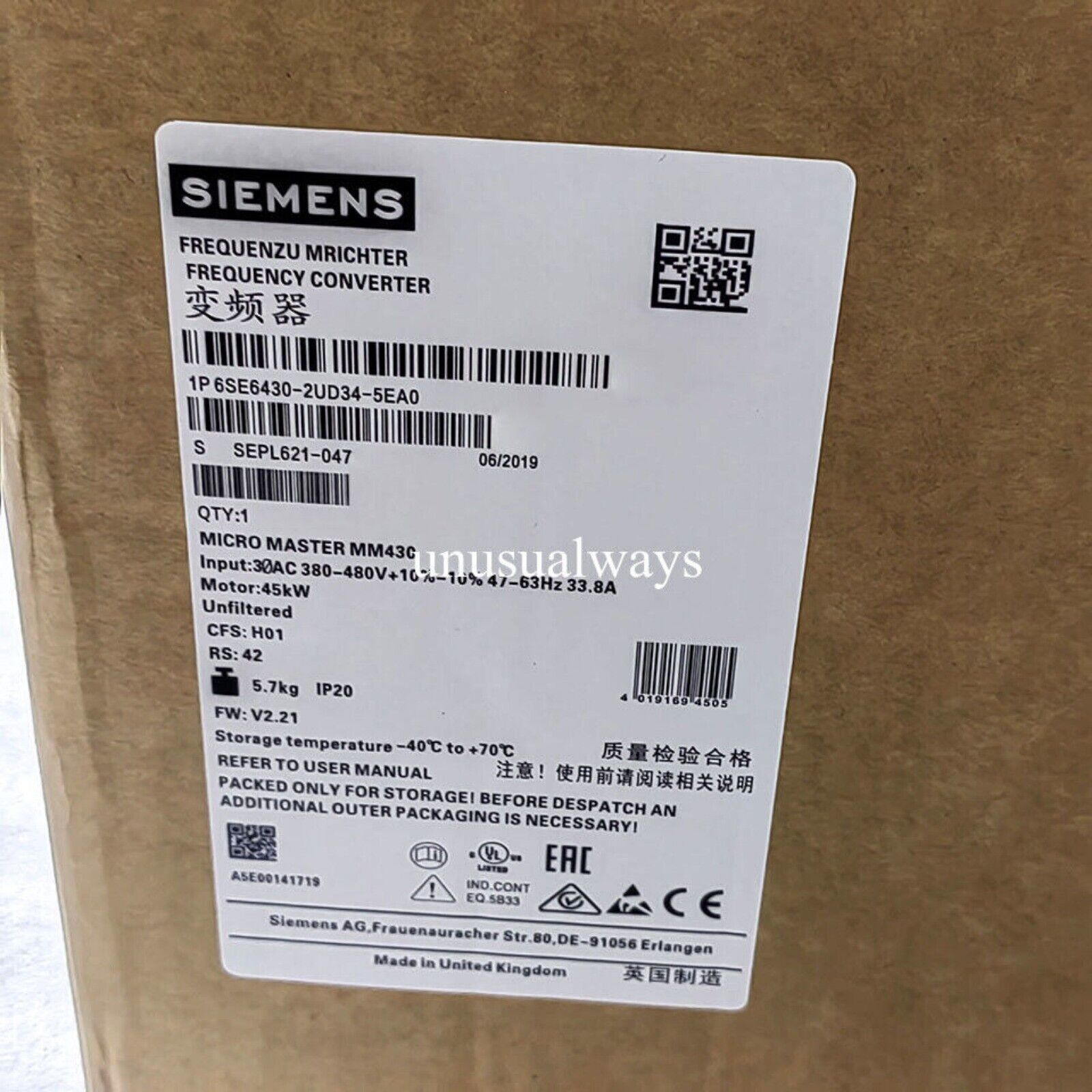 Siemens MICROMASTER 430 Frequency Converter 6SE6430-2UD34-5EA0 Industrial Automation Part, IP20 rated