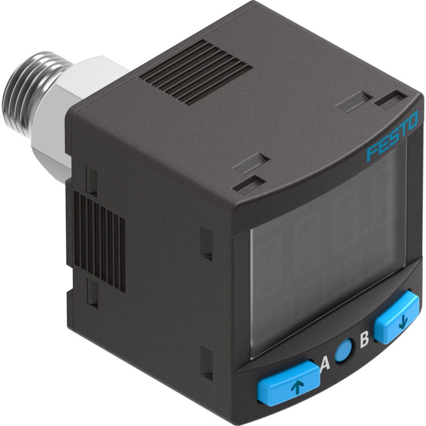 Festo SPAN-P10R-G18M-PN-PN-L1 Pressure Switch. Black with display and blue control buttons. Digital pressure sensor.