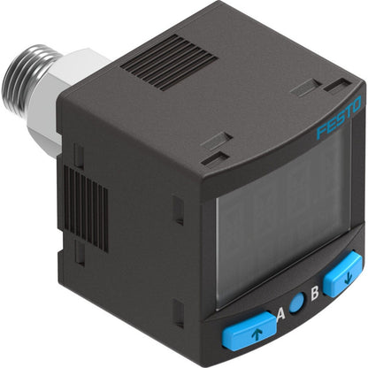 Festo SPAN-P10R-G18M-PN-PN-L1 Pressure Switch. Black with display and blue control buttons. Digital pressure sensor.