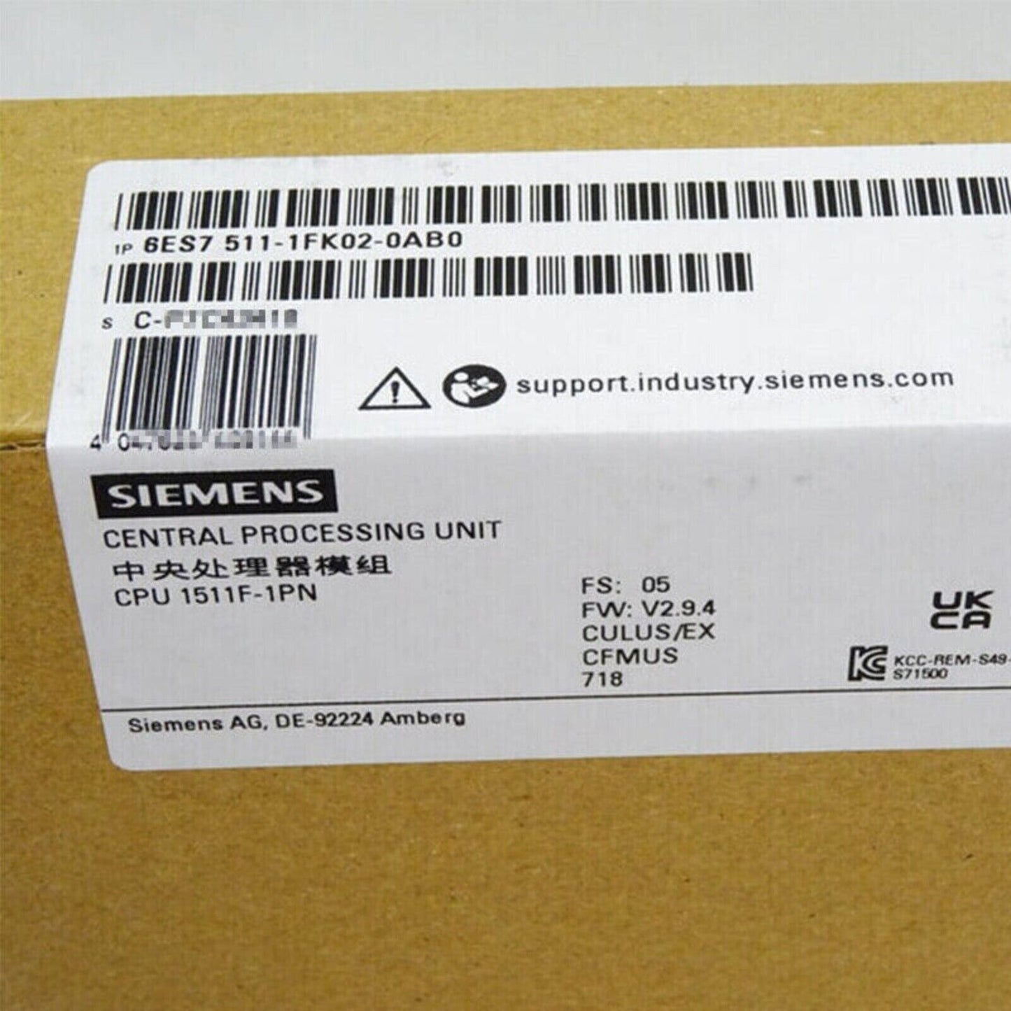 Siemens S7-1500 CPU 1511F-1PN product label, industrial automation part, model 6ES7 511-1FK02-0AB0