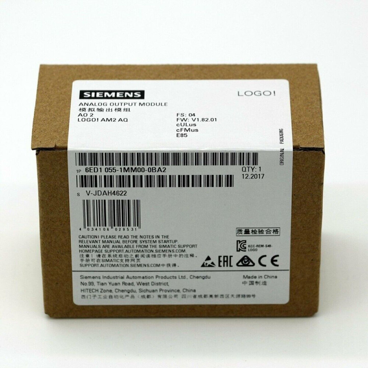 Siemens LOGO! AM2 AQ Analog Output Module in packaging, 6ED1055-1MM00-0BA2, panel mount for industrial automation.