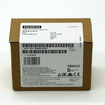 Siemens LOGO! AM2 AQ Analog Output Module in packaging, 6ED1055-1MM00-0BA2, panel mount for industrial automation.