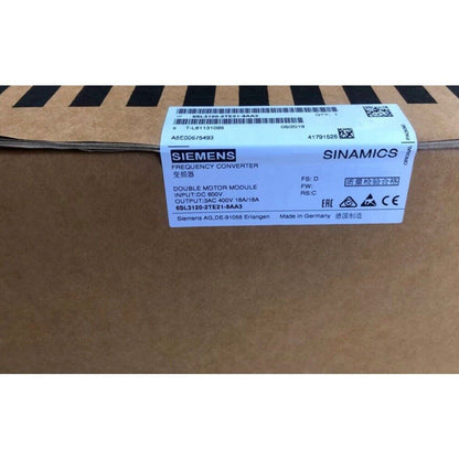 Siemens SINAMICS G120 Power Module packing label, 6SL3120-2TE21-8AA3, Made in Germany, industrial automation part.