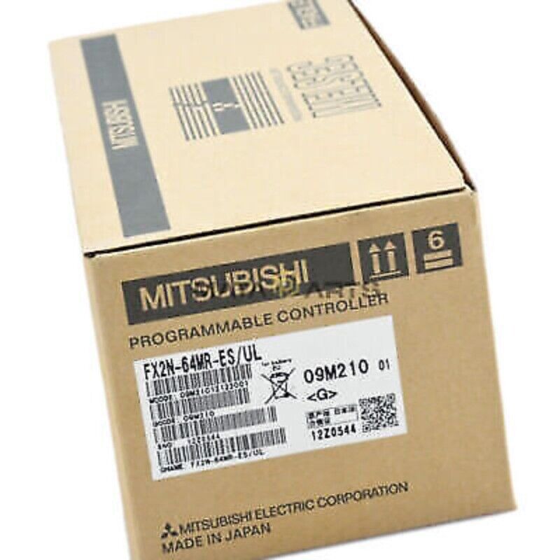 Mitsubishi FX2N-64MR-ES/UL Programmable Controller PLC on a cardboard box, showing product details and labels.