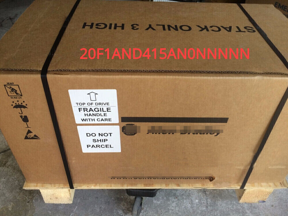 Allen-Bradley 753 AC Drive packaged for shipping, labeled with handling instructions and product code 20F1AND415AN0NNNNN.