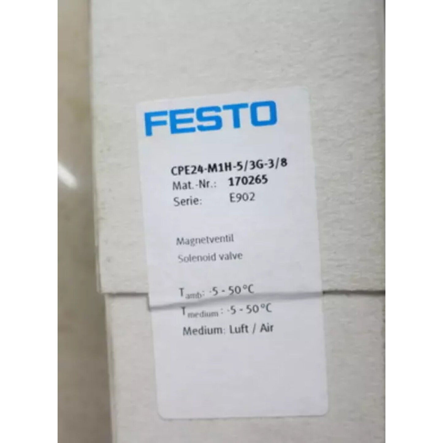 Festo CPE24-M1H-5/3G-3/8 solenoid valve label with specifications, industrial automation part.