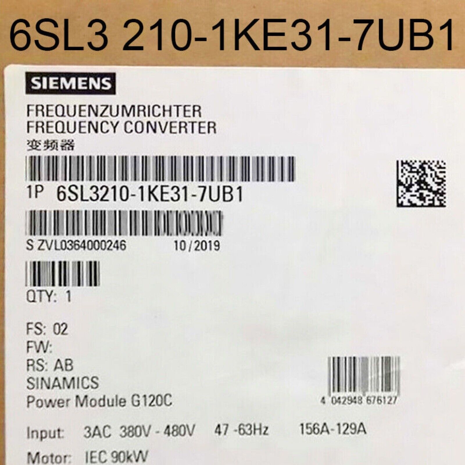 Siemens SINAMICS G120C Power Module 6SL3210-1KE31-7UB1 Label - Industrial Automation Part