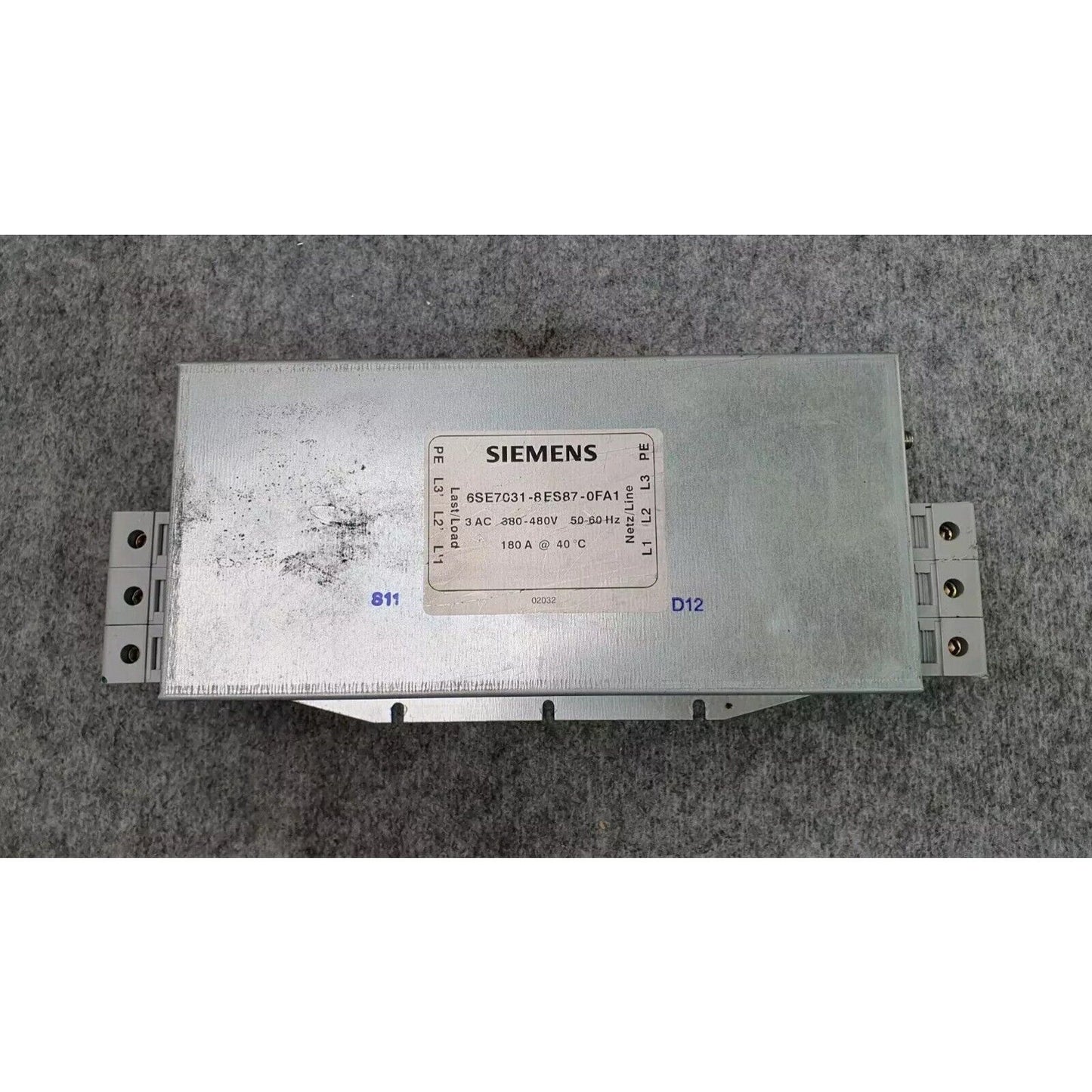 Siemens 6SE7031-8ES87-0FA1 suppression filter, industrial automation part. Gray metal housing.