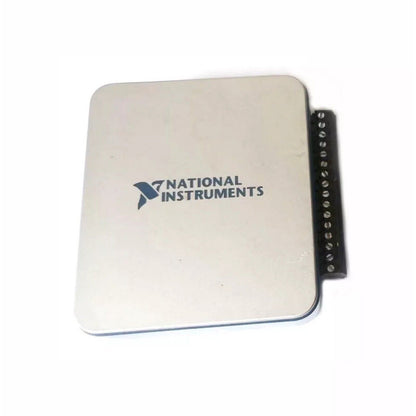National Instruments USB-6000 Multifunction I/O device. White and silver enclosure with terminal block. Data Acquisition.