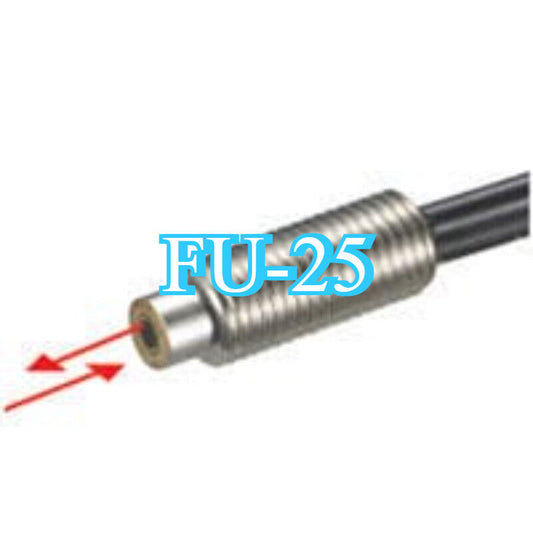 Keyence FU-25 Fiber Amplifier Sensor, featuring a metallic design with FU-25 labeling, arrows, and black cable.