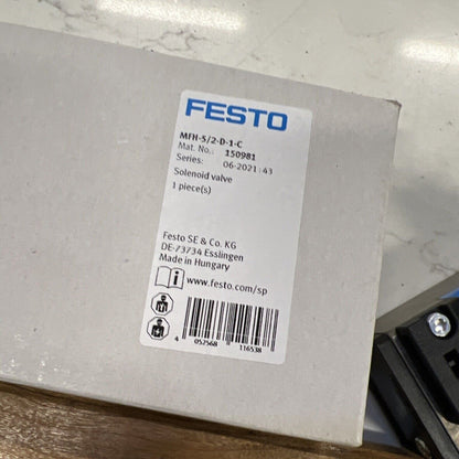 FESTO MFH-5/2-D-1-C Solenoid Valve label. Industrial automation part, 150981, Made in Hungary.